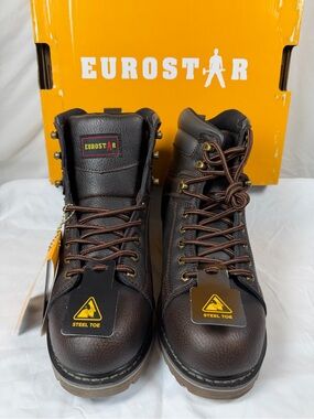 NIB Eurostar Troy Men's Steel Toe Work Boots Size 10 Wide Brown Leather